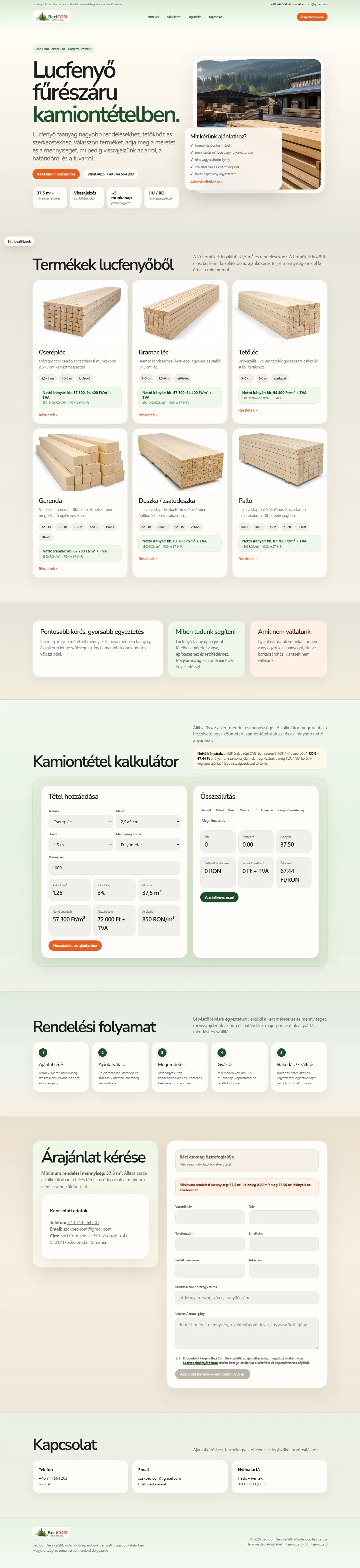 Hargita Fűrészáru — Kalkulátor és B2B ajánlatkérési folyamat